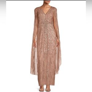 Rose Gold/Blush Sequined Adrianna Papell Evening Gown with Cape